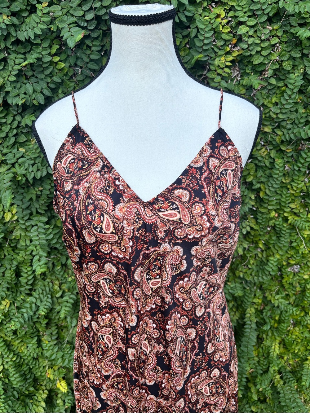 Nili Lotan Target Black Brown Paisley Maxi Slip Dress Rust Accents Side Slits L